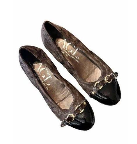 AGL Ballet Flats Brown Monika Cap Toe Suede Patent Leather Shoes