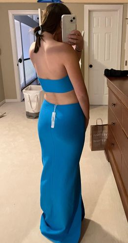 Charming Strapless Cut Out High Slit Maxi Prom Formal Dress - Blue