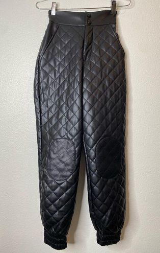 Vegan Leather Quilted Joggers - Black