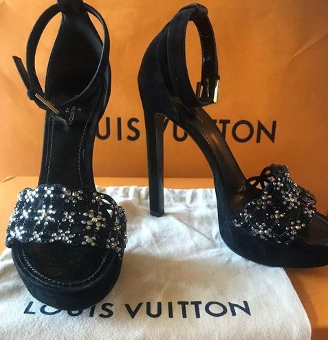 Louis Vuitton Black Satin Crystal Embellished Square Toe Pumps Size 39.5 Louis  Vuitton