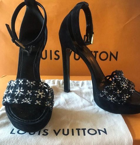 LOUIS VUITTON Satin Swarovski Crystal Heels 39.5 Black 19583