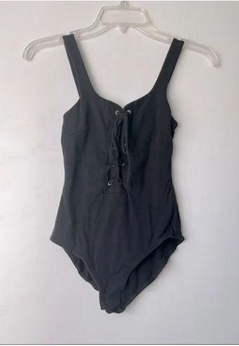 Lulus Black Lace Up Bodysuit Size XS City of Angels Square Neck Plunge  Snaps