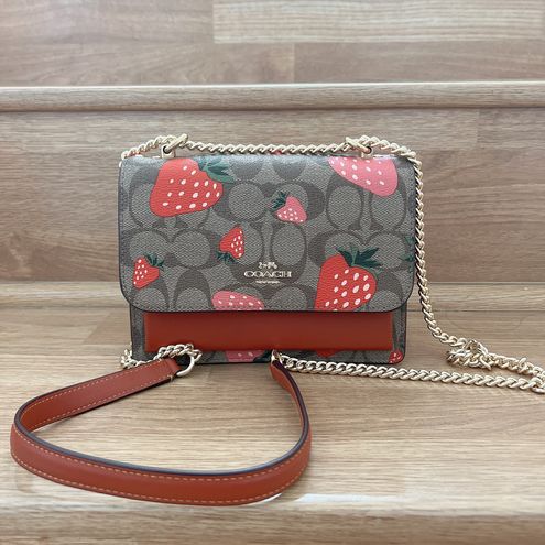 Coach Gold / Red Signature Canvas Mini Klare Strawberry Print Crossbody Bag