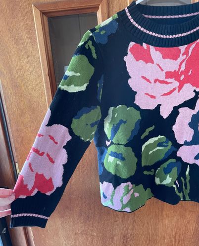 Anthropologie HWR Blue Monogram Mavales Flower Crew Neck Pullover Sweater L