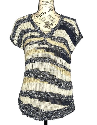 Lucky Brand SMALL Striped Loose Knit Notched V-Neck Short