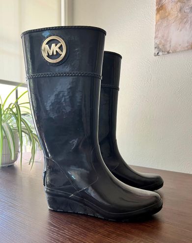 Michael Kors Women's MK Logo Mid Rain Boots Rubber Bootie Black Brown  US Size 6