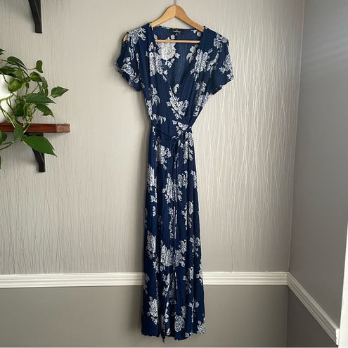Lulus Women's Heart of Marigold Short Sleeve Wrap Maxi Dress, Navy Blue and White Floral Print