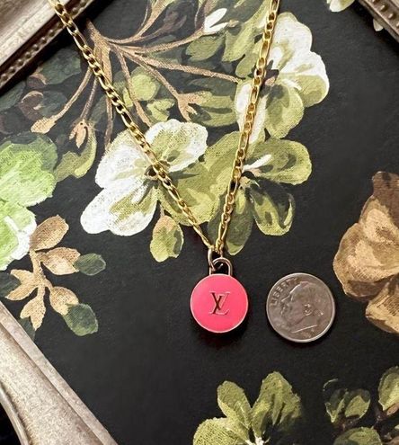 Repurposed Large Double Sided LV Pink Flower Charm Necklace