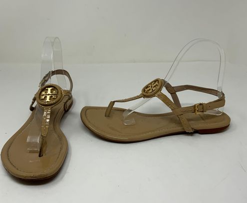 Tory Burch Dillan Patent Leather Neutral Gold Hardware Logo Flat Sandals Shoes 8 - $65 - From Galore Tory Burch Dillan Patent Leather Neutral Gold Hardware Logo Flat Sandals Shoes 8 - $65 - From Galore