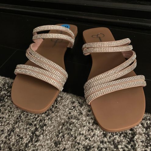 Jessica Simpson 6.5 JP Bennett Strap Rhinestone Flat Sandals Tan