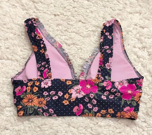 Shade & Shore Ruffle Bralette Bikini Top Floral Polka Dot Navy