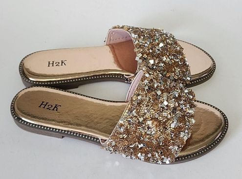 H2K Larva Rose Gold Rhinestone Glitter Flat Sandals Size 7 27