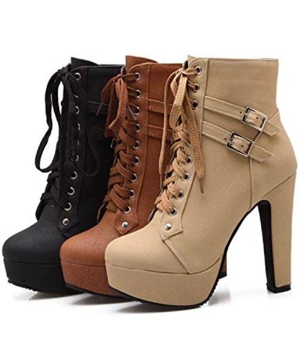 Susanny Sexy High Heels for Women Boots Round Toe Platform Booties Lace Up Suede Side Zipper Ankle Bootie