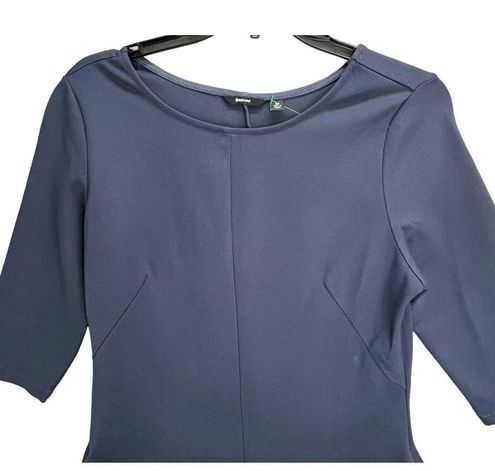 Betabrand Womens ReadySetGo Midi Dress M Navy Blue Fit Flare 3/4 Sleeve  Stretch