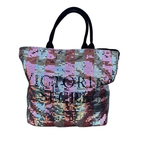 VICTORIA SECRET Tote Bag - Black And Pink Sequins VS Logo FREE SHIPPING