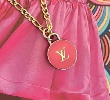 Repurposed Large Double Sided LV Pink Flower Charm Necklace