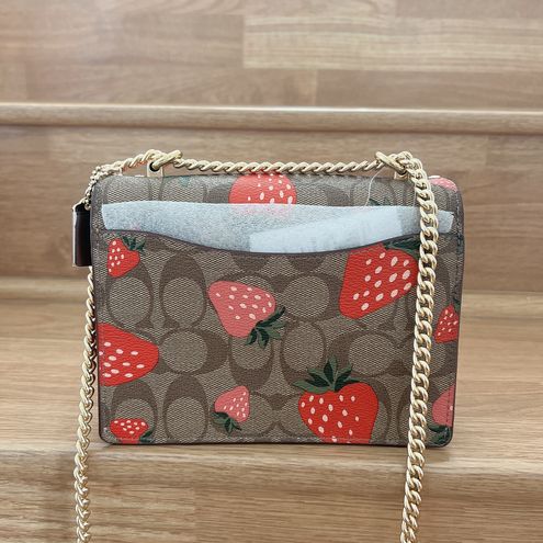 Coach Gold / Red Signature Canvas Mini Klare Strawberry Print Crossbody Bag