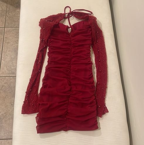 St Germain Long Sleeve Embellished Mini Dress in Red