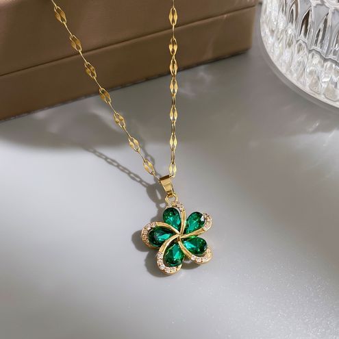 Gold Flower Clover Necklace with Crystal