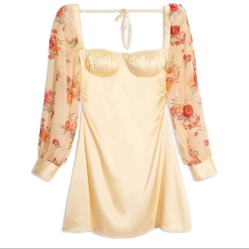 Satin Floral Puff-Sleeve Mini Dress