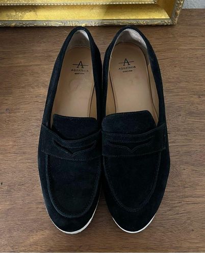 Aquatalia Selene Water Resistant Penny Loafer Black Suede Womens