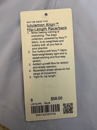 Lululemon NWT Align™ Hip-Length Racerback PSLB 8 Blue - $27 (53% Off  Retail) New With Tags - From Joy