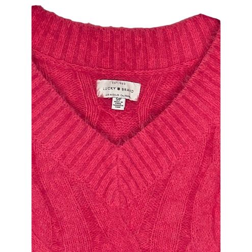 Lucky Brand Women Sweater Fuzzy Cable Knit Eyelash V-Neck