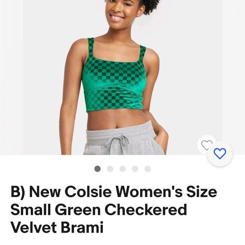 Colsie Velvet Brami Womens Size Small Green Checkered Sports Bra Crop Top