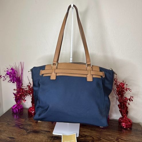 Buy the Michael Kors Navy Blue Tan Leather Tote Bag