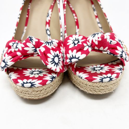 Tory Burch Dory Nantucket Red Navy Sea White Primrose Peep Toe Espadrille  Wedges 