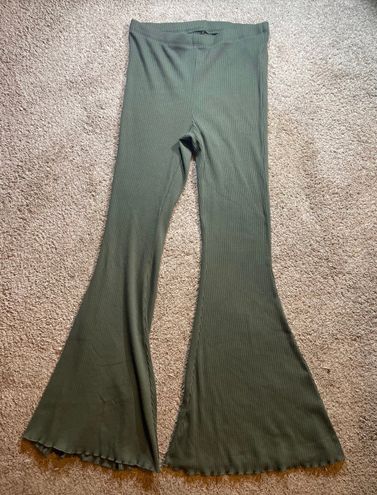 Aerie Kick-It Ribbed High Waisted Super Flare Pant Size M Olive Green