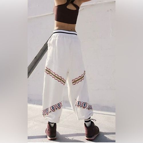 Free People Crystal Sport Joggers Embroidered Ribbed Waist Ivory