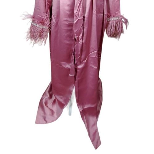Naked Wardrobe Robe Size XL Pink Feather Trim Satin Sleepwear