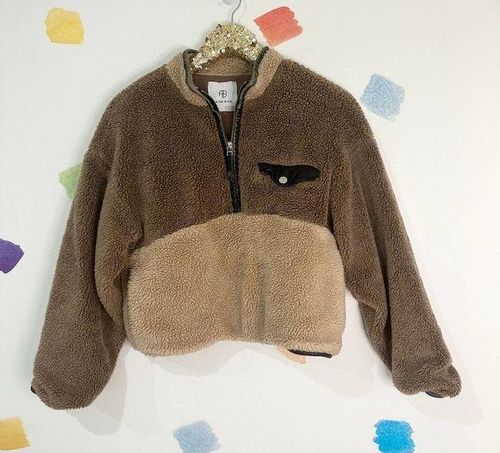 ANINE BING XS Brown Royce Teddie Quarter Zip Cropped Pullover