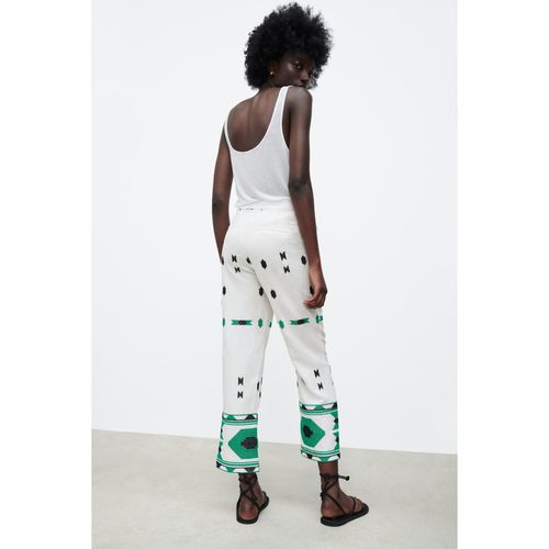 ZARA White Geometric Embroidered Linen Blend Pants Trousers Size Small  2731/259