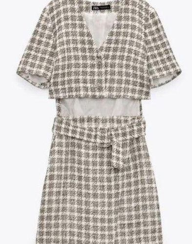 ZARA NWT Ecru Textured Check Cut-Out Mini Dress White Size XS