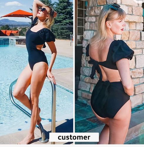 Exlura Women’s Tie Back One Piece Swimsuit Puff Short Sleeve Square Neck  Swimwear High Cut Backless Bathing Suit
