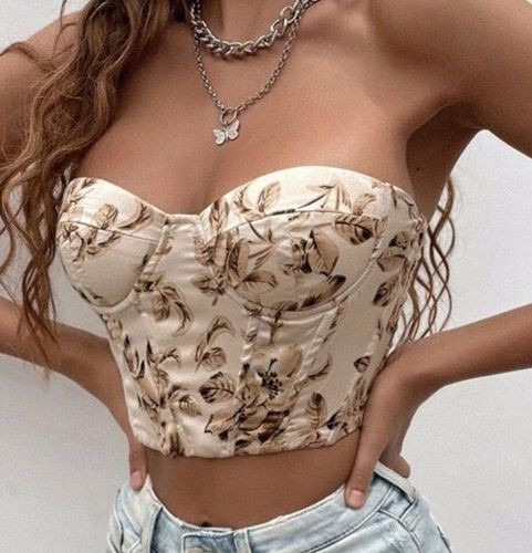 SheIN Tan Brown Floral Satin Cropped Corset Top Long Sleeve Size L