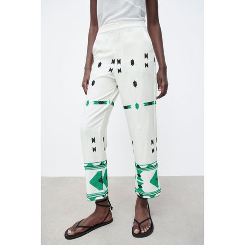 ZARA White Geometric Embroidered Linen Blend Pants Trousers Size Small  2731/259