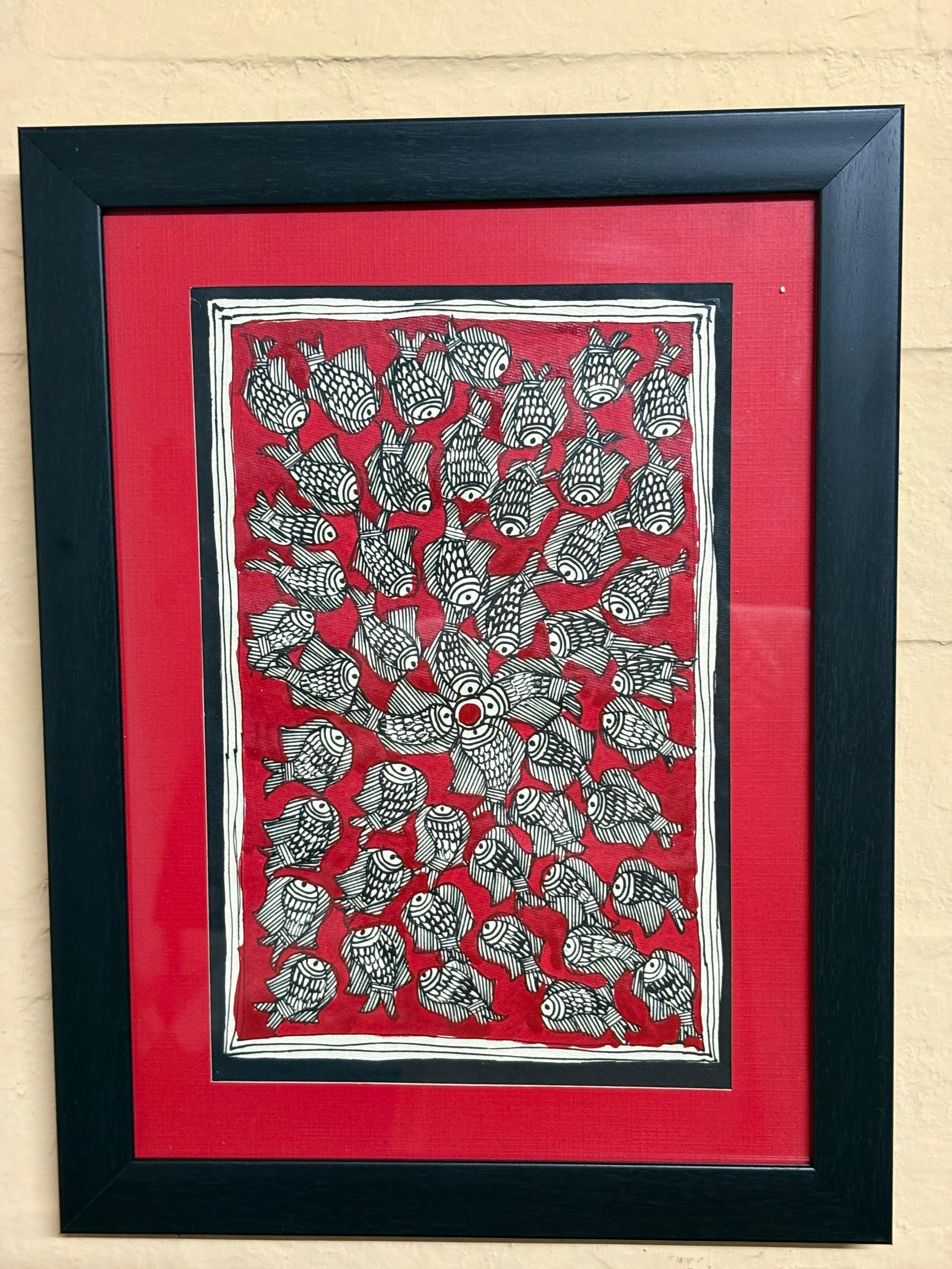 Vintage Madhubani Painting (Red Fishes)