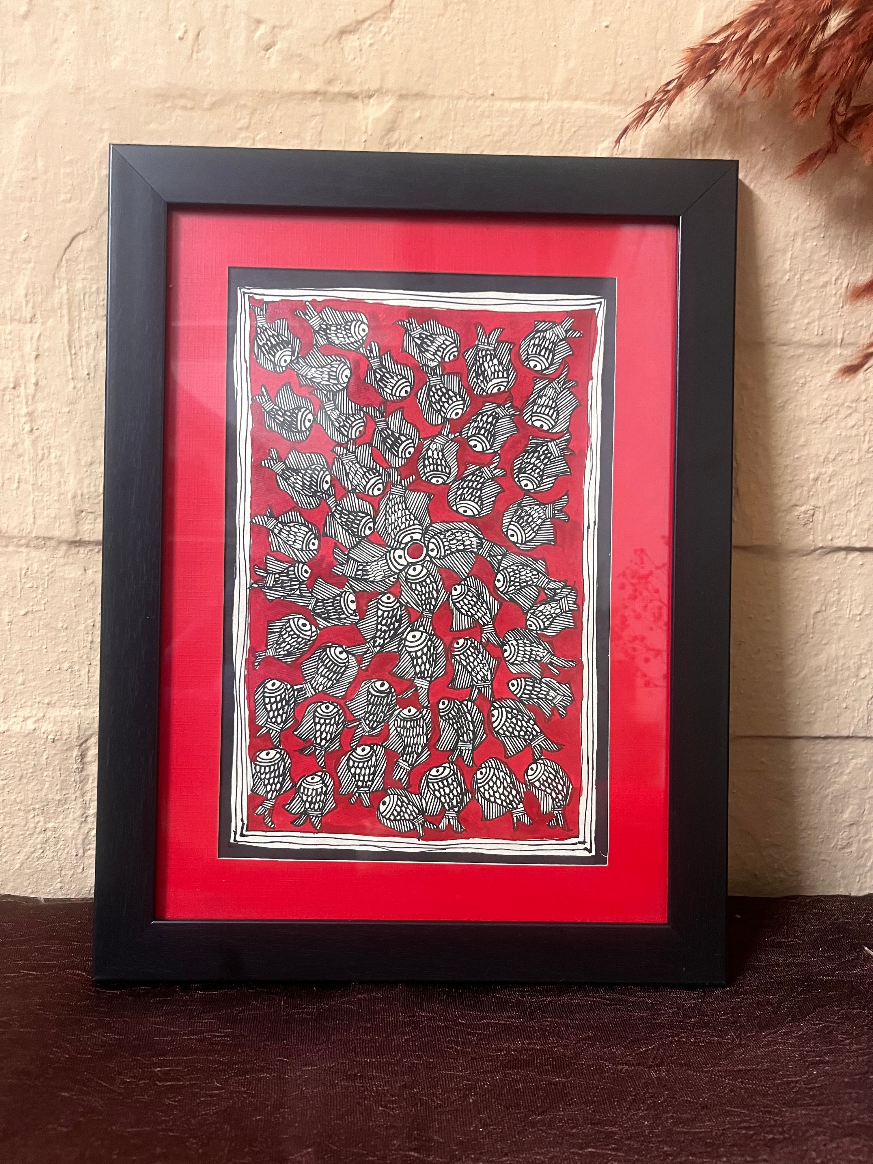 Vintage Madhubani Painting (Fishes)