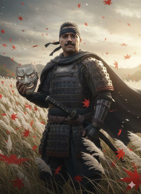 Cinematic Samurai Portrait Dark Armor Red Leaves