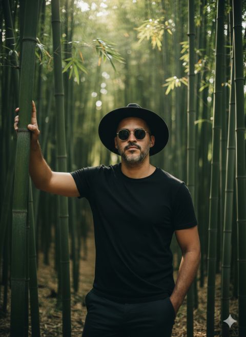 Hyperrealistic portrait man bamboo forest confident mysterious