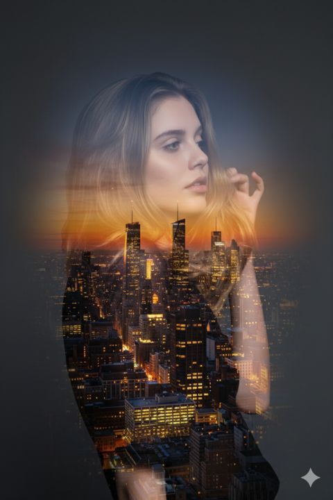 Woman city double exposure art with warm glowing reflections
