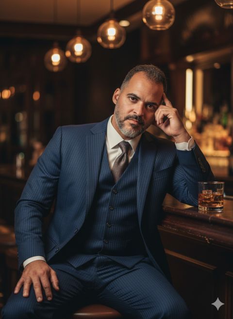 Thoughtful businessman in upscale bar with whiskey