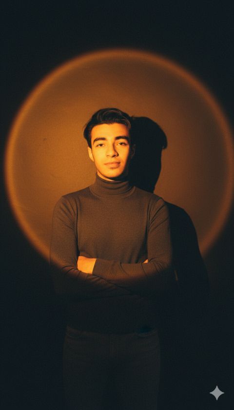 Moody golden-orange spotlight studio portrait