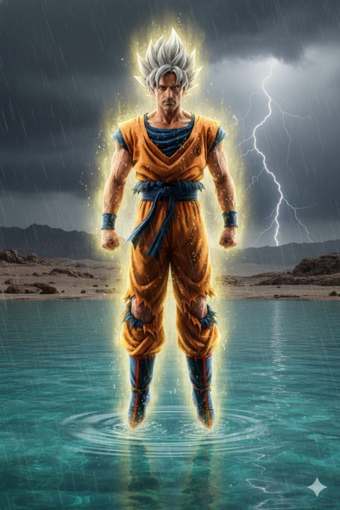 Cinematic Saiyan man floating in reservoir under rain