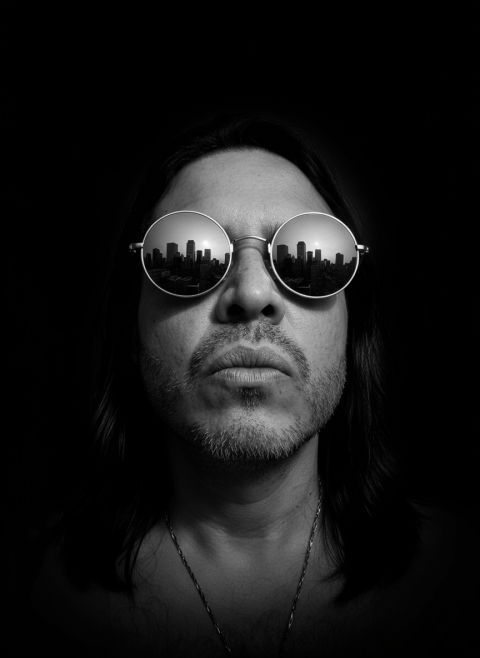 Ultra-realistic black and white portrait city skyline reflection