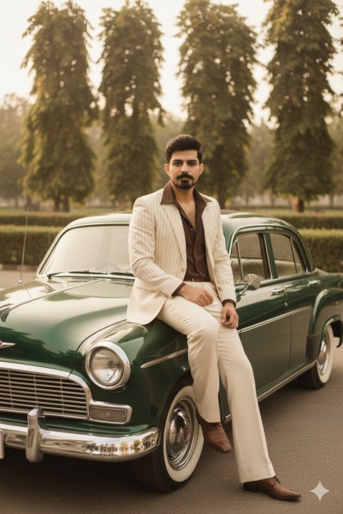 1970s Bollywood Mafia Style Man Vintage Car Photo