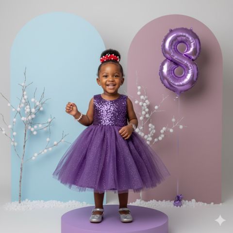 Smiling girl in princess dress birthday photo studio